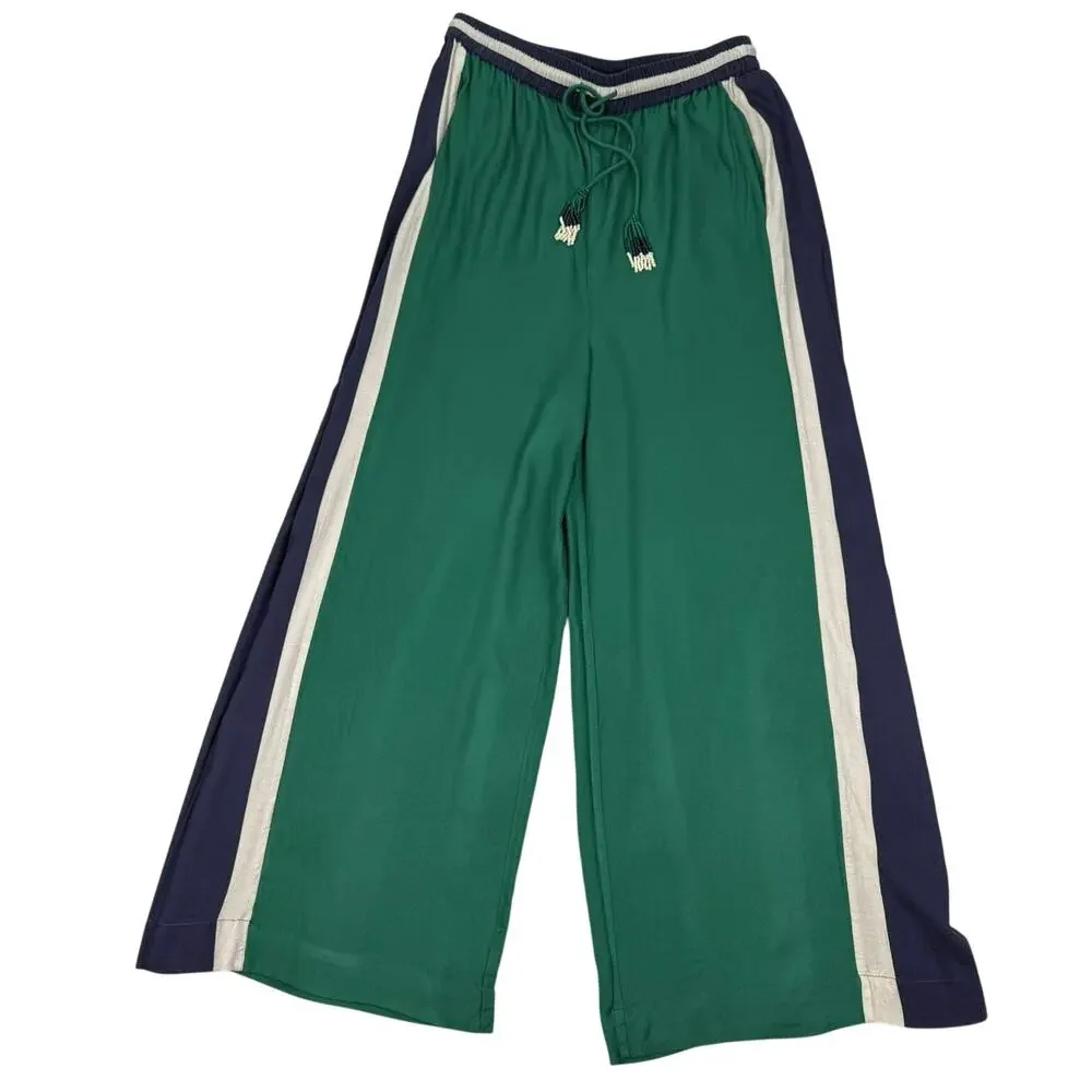 Farm Rio x Anthropologie Green Navy Wide Leg Track Pants Striped Drawstring S - Picture 2 of 16
